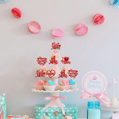 24 PCS Happy Mother's Day Cupcake Toppers with Glitter Heart Love Mother Best Mom Cupcake Picks for Happy Mother's Day Theme Women Birthday Party Cake Decorations Supplies Rose Gold