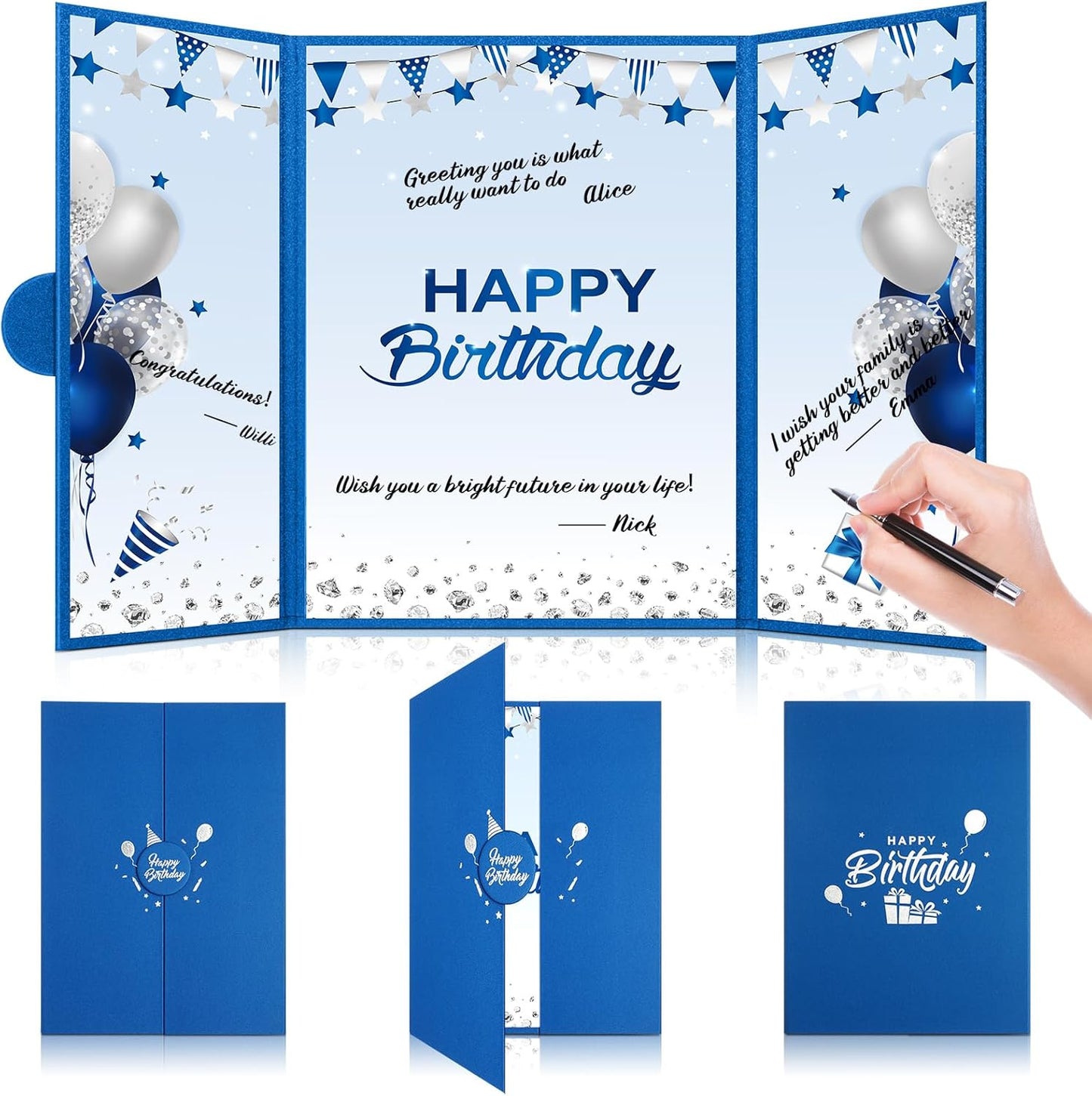 Engrowtic Large Blue and Silver Birthday Guest Book Card Creative Happy Birthday Guest Book Alternative Signature Greeting Card Gifts for Boy Men Baby Shower Decoration Party Supply