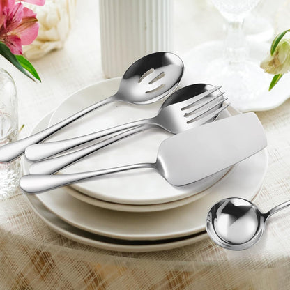 Stainless Steel Serving Utensil Set 10-Piece Buffet Flatware Catering Silverware with Bread Tong,Cake Spatula,Serving Ladles,Salad Fork,Cheese Knife,Large Spoon for Parties Buffet