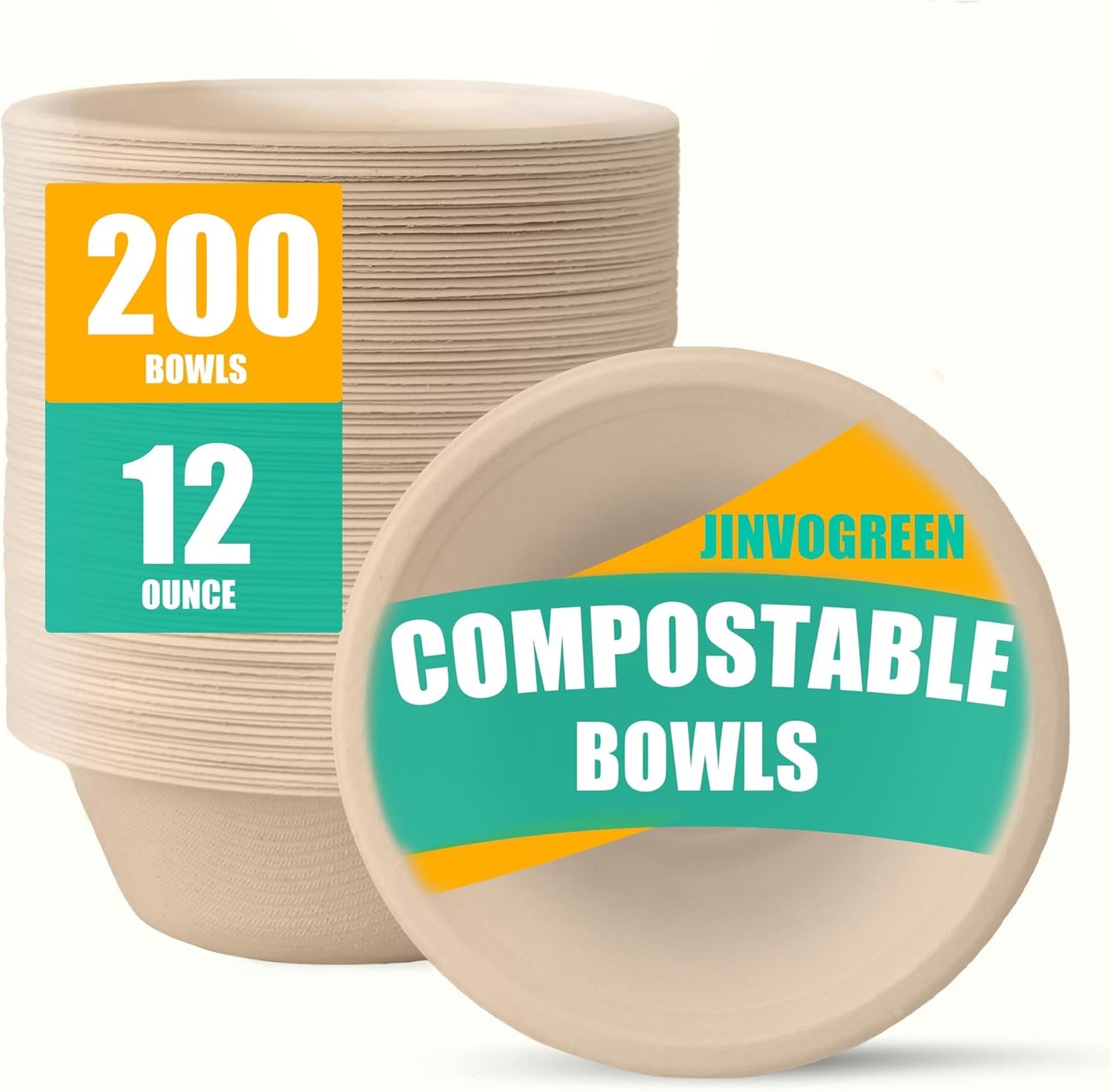 JINVOGREEN 200 Count 12 oz Paper Bowls, Disposable Compostable Bowls Bulk, Heavy Duty Biodegradable Bagasse Bowl for Snacks, Soup, and Salads, White