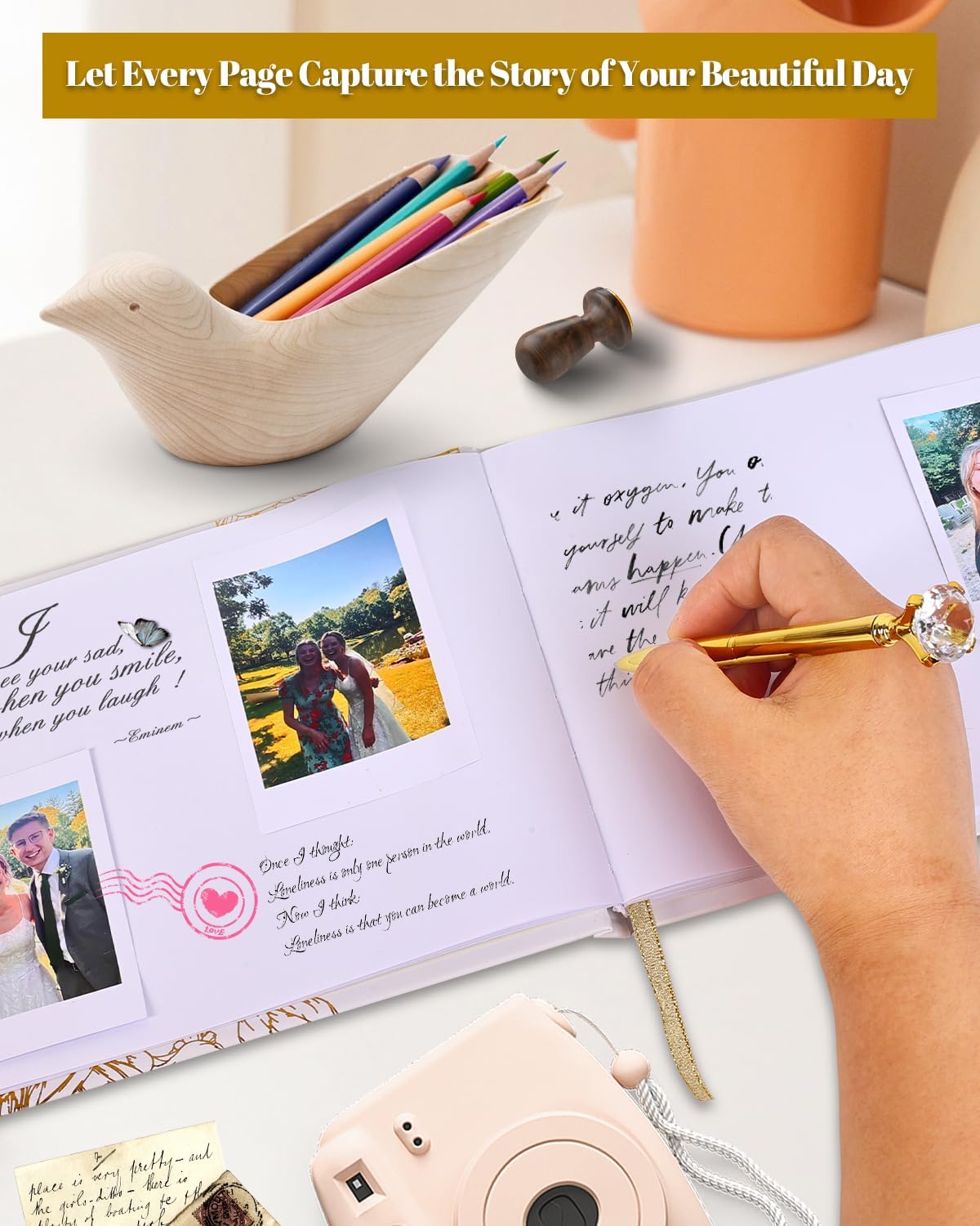 VIRIDI Wedding Guest Book with a Pen Gold,Guest Book Wedding Reception 9 × 6.7 inches, Gold Foil Hardcover GuestBook for Baby Shower, Graduation, Birthdays