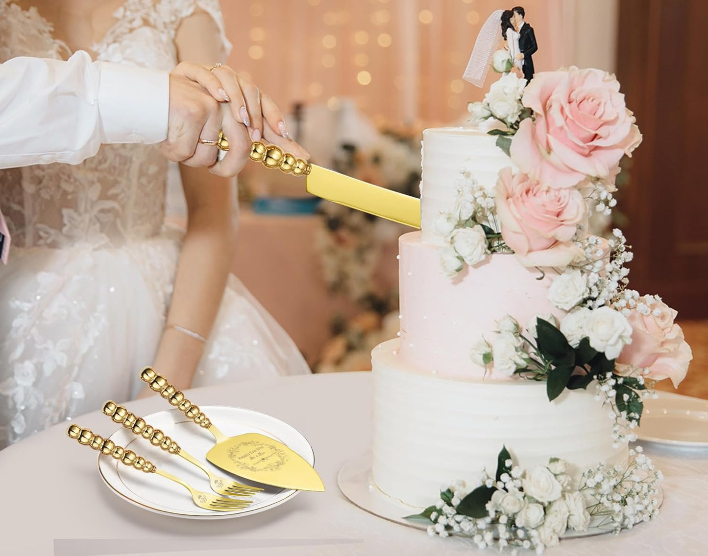 Wedding Cake Knife and Server Set, Gold Ceramic Pearl Handle Cake Cutting Set for Weddings, Engagements, Anniversaries, and Engagement Gifts for Couples
