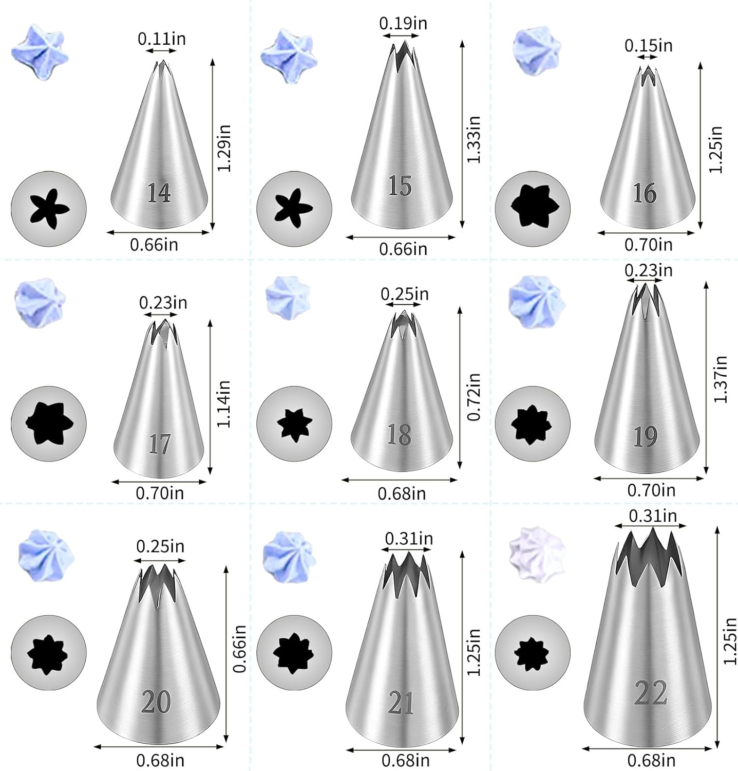 Open Star Piping Tips Set, 9 Piece Stainless Steel Star Piping Tips Set French Stars Tube Frosting Nozzle Kit Stars Pastry Tip for Cakes Cupcakes Cookies Decorating, Small Size 14-22