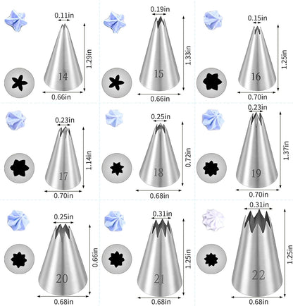 Open Star Piping Tips Set, 9 Piece Stainless Steel Star Piping Tips Set French Stars Tube Frosting Nozzle Kit Stars Pastry Tip for Cakes Cupcakes Cookies Decorating, Small Size 14-22