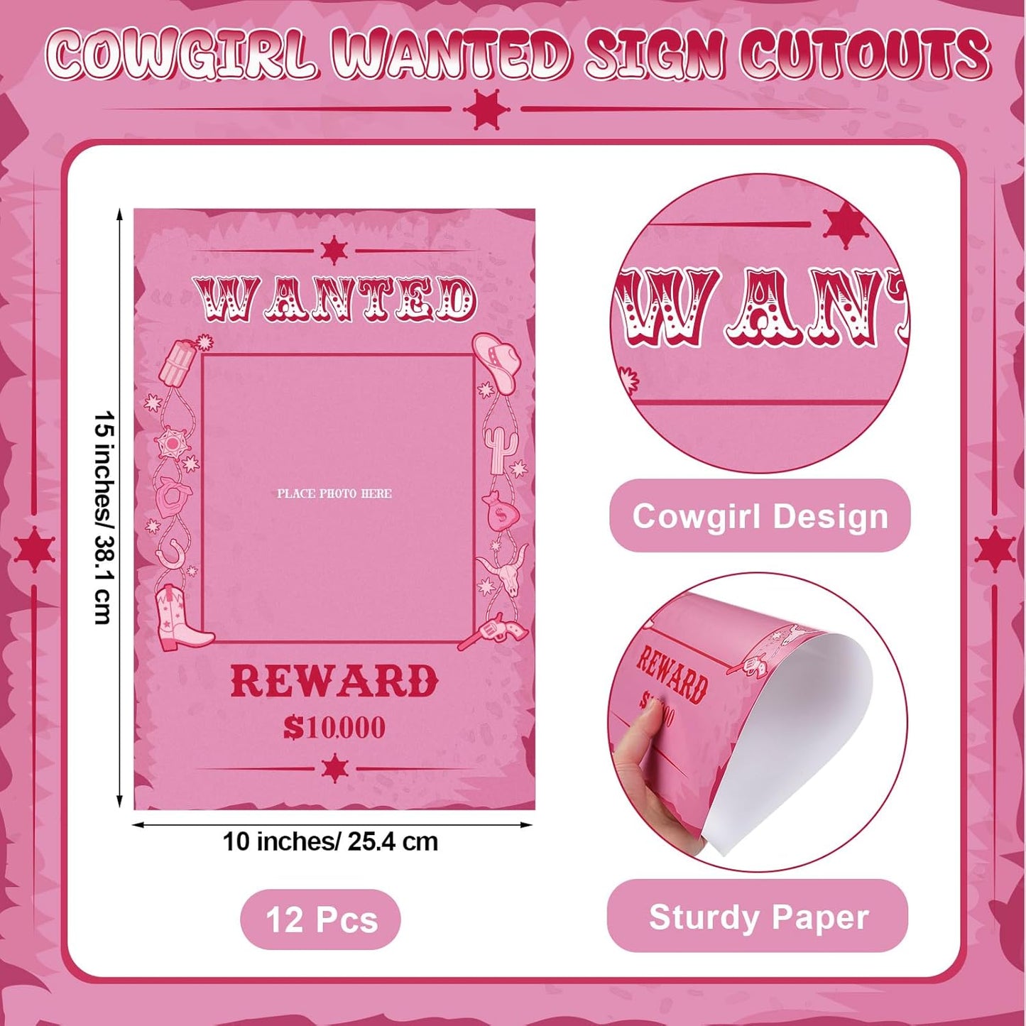 12 Pcs Cowgirl Party Decorations Pink Western Photo Booth Wanted Poster Photo Prop Selfie Frame Poster Fabric Banner Cowgirl Decorations for Party Wild West Birthday Decoration Supplies Rustic