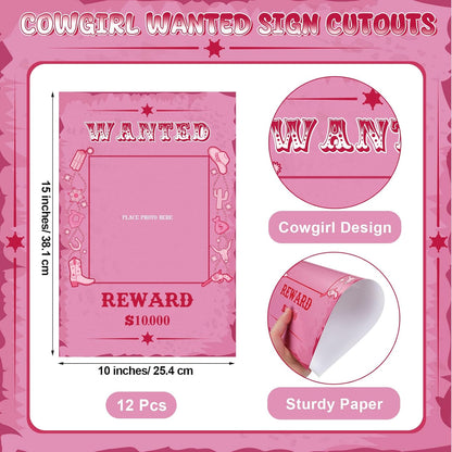 12 Pcs Cowgirl Party Decorations Pink Western Photo Booth Wanted Poster Photo Prop Selfie Frame Poster Fabric Banner Cowgirl Decorations for Party Wild West Birthday Decoration Supplies Rustic