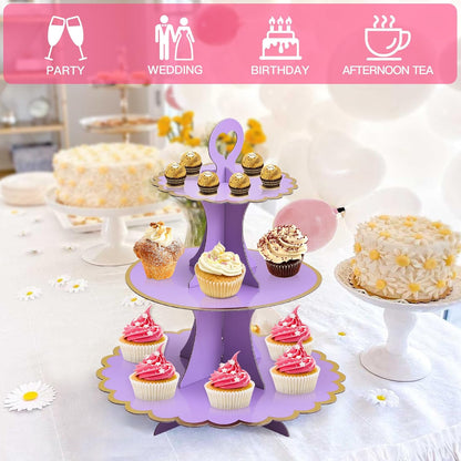 Soleebee 3-Tier Cupcake Stand, Cardboard Cupcake Tower, Cup Cake Stand Tower for Birthday Wedding Party Decoration, Cupcake Tier Stand Desserts Display 1 Set (Purple Gold)