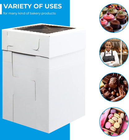 10 PK Adjustable Tall Cake Boxes in 2 Base Sizes 5-10"x10" & 5-12"x12" With 3 Adjustable Height Variations (8, 10 & 12 inch) + 15 Thank You Stickers. Tall Bakery Boxes for Tiered Cakes