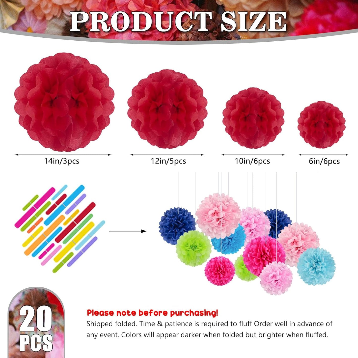 Tissue Paper Pom Poms, Pink Tissue Paper Flowers, Hanging Flower Balls for Weddings Fiesta Parties Birthday Baby Showers Classroom Bridal Shower Decoration (18Piece Set-6/10/12/14Inch)