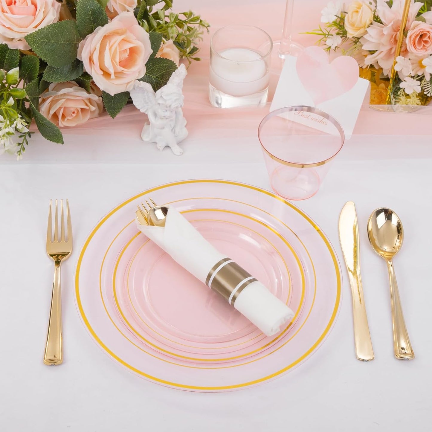 WELLIFE 350-Piece Gold Disposable Plates and Cutlery Set - Premium 10.25" Dinner Plates, 7.5" Dessert Plates, 9oz Cups & Cutlery for Weddings, Catering Events - 50 Guest Service - Elegant & Sturdy
