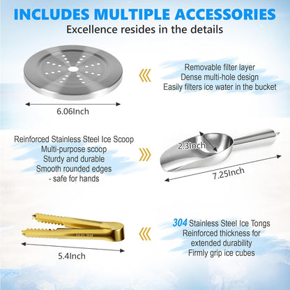Ice Bucket, Ice Bucket with Silicone Sealing Ring Double-Wall Vacuum Insulation Champagne Buckets with Filter Layer Ice Tongs Ice Scoop (Gold, 3 L)