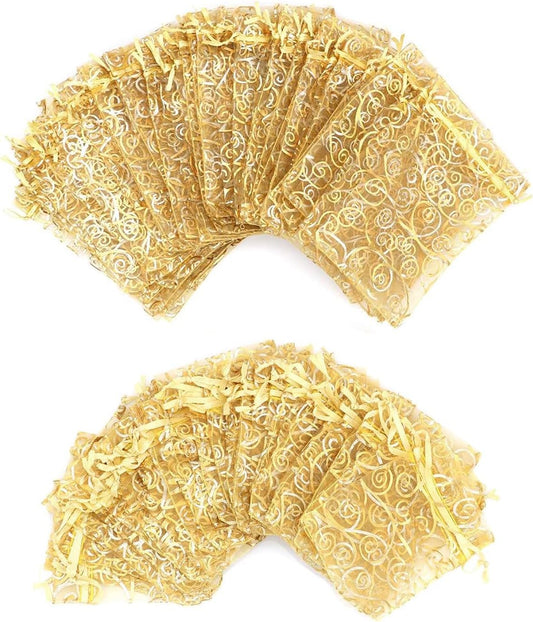 Staruby Organza Gift Bags 100Pcs Gold Sheer Organza Bag 5x7 Inch Mesh Favor Bags Drawstring Jewelry Rattan Printed Gift Pouches for Wedding Party Favors Couple Shower Christmas Gifts Candy Bags
