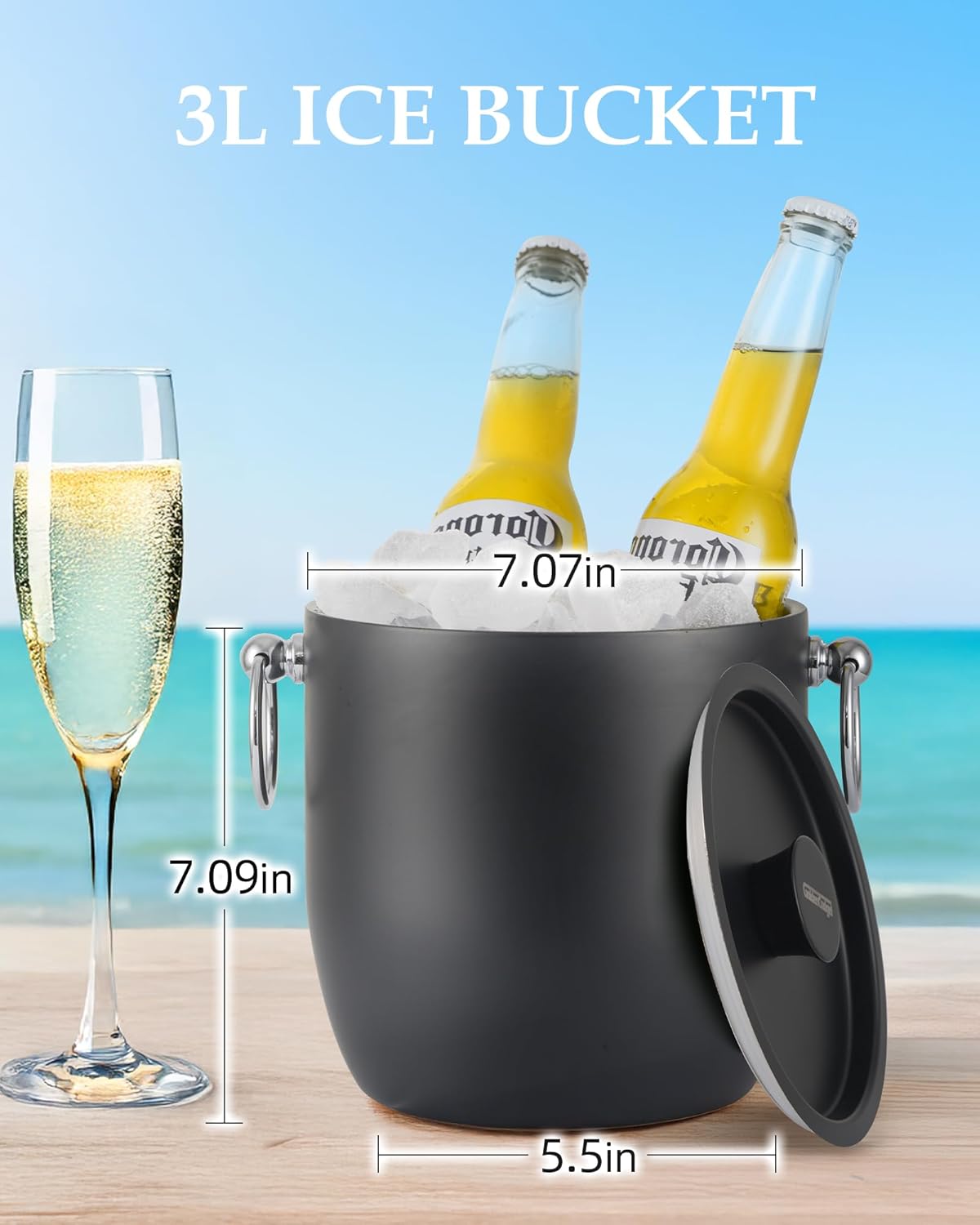 Insulated Ice Bucket, 3L Double Wall Stainless Steel Ice Bucket with Tongs,Lid, Scoop and Strainer, Ice Buckets for Parties,Cocktail Bars, Chilling Beer, Champagne, Wine Bottles,Wood