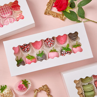 ZORRITA 30 Pack Auto Pop-up Cookie Boxes with Window, 12" x 8" x 2.5" White Bakery Boxes Treat Boxes for Chocolate Covered Strawberries, Breakable Heart, Sugar Cookies, Cake Pops, Donuts, Pastries