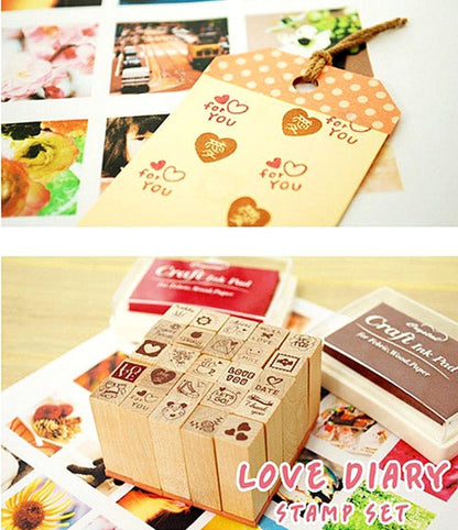 Diary Stamp Set,Wooden Rubber Signet for Children DIY Scrapbooking Card Making(25pcs,Happy Life)