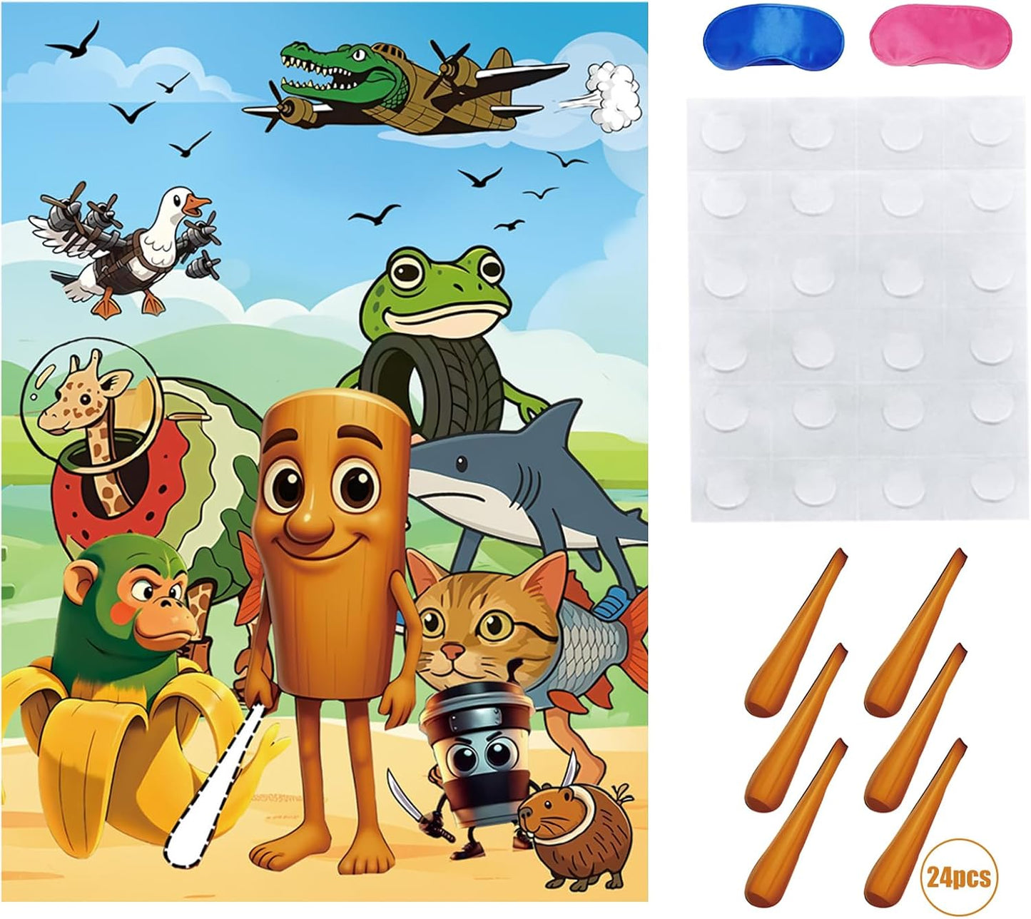 TJLMCORP Italian Brainrot Party Game, Pin the Tail Party Game Set With 24 Stickers and and 2 Blindfolds, Tralalero Themed Birthday Party Supplies, Brain Rot Party Decorations（Tung Tung Tung Sahur）