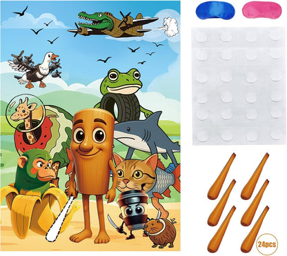 TJLMCORP Italian Brainrot Party Game, Pin the Tail Party Game Set With 24 Stickers and and 2 Blindfolds, Tralalero Themed Birthday Party Supplies, Brain Rot Party Decorations（Tung Tung Tung Sahur）