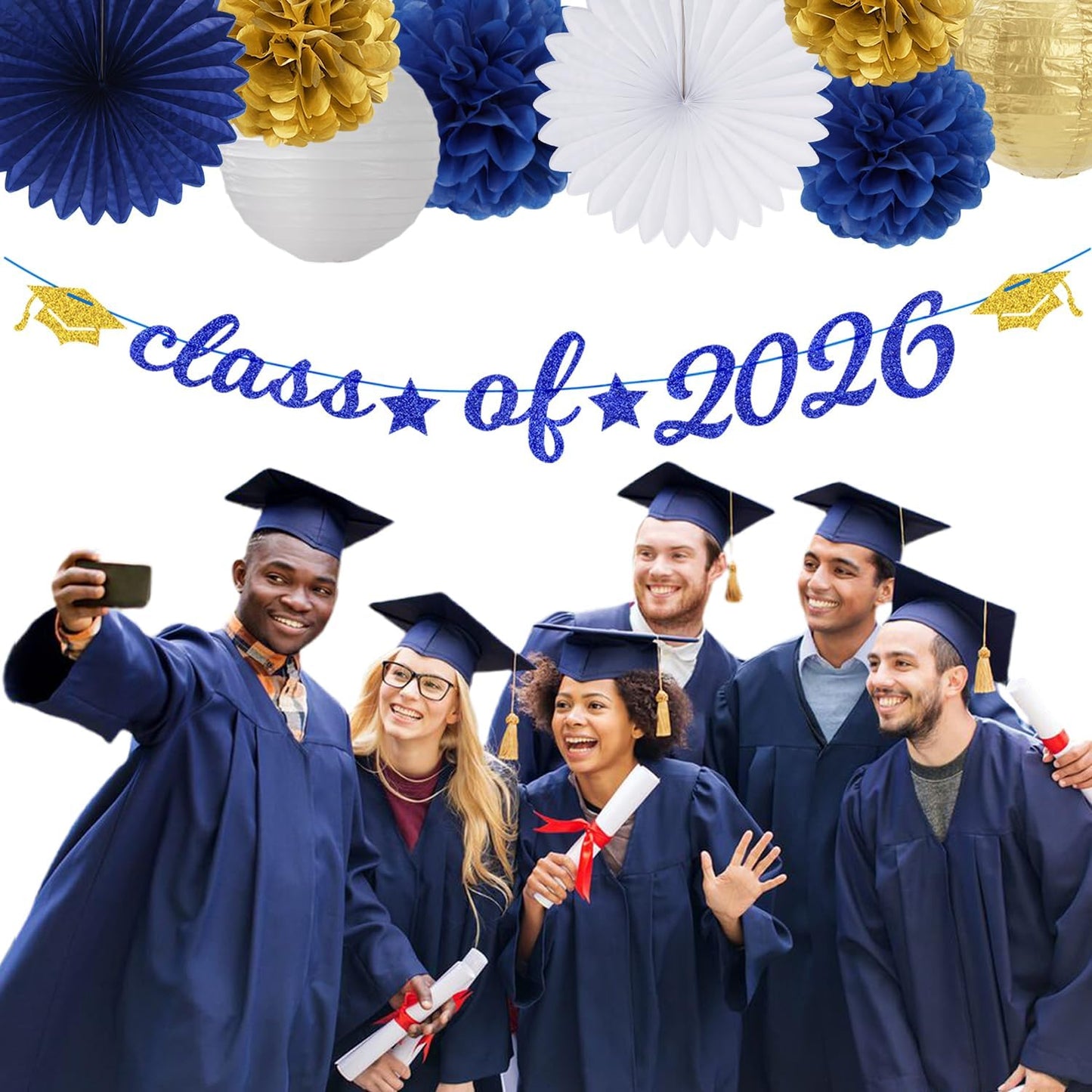 2026 Blue Class-Congratulations Prom Graduation Party-Decorations - 22pcs High School College Grad Supplies Decor,Royal Navy White Silver Tissue Pom Poms Streamers, Paper Flowers Lanterns Hugmoon