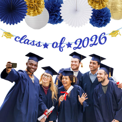 2026 Blue Class-Congratulations Prom Graduation Party-Decorations - 22pcs High School College Grad Supplies Decor,Royal Navy White Silver Tissue Pom Poms Streamers, Paper Flowers Lanterns Hugmoon