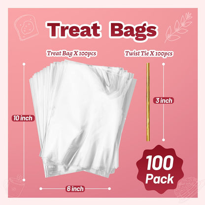 LOKQING Clear Cellophane Treat Bags 6 x 10 in, 100 Pack Mothers Day Gift Bags with Twist Ties, Bags for Cookies, Candy, Party Favors, Bakery Packaging and Small Gifts