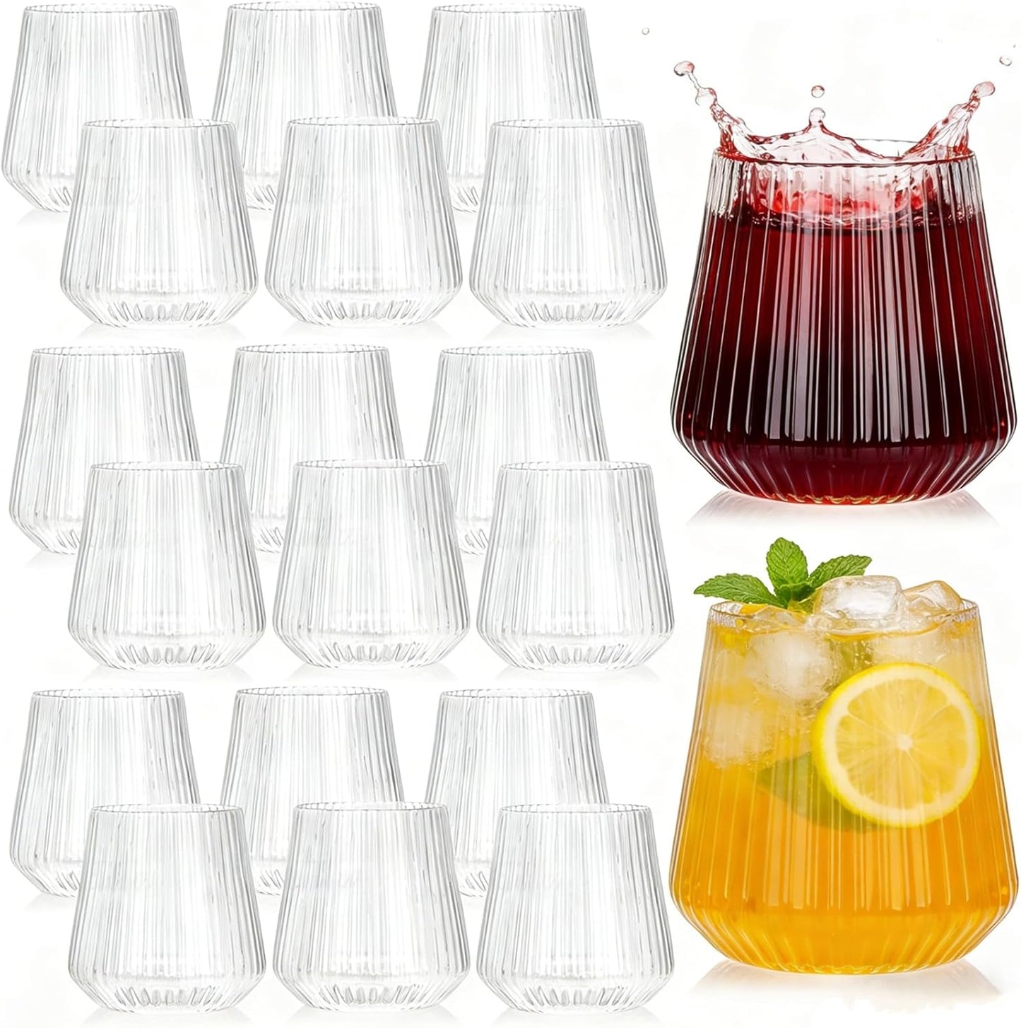Tebery 20 Pack Plastic Ribbed Wine Glasses, 12 Oz Unbreakable Stemless Cocktail Cups for Party, Disposable Reusable Origami Style Ridged Drinking Tumbler for Champagne Catering Wedding Picnic Bar