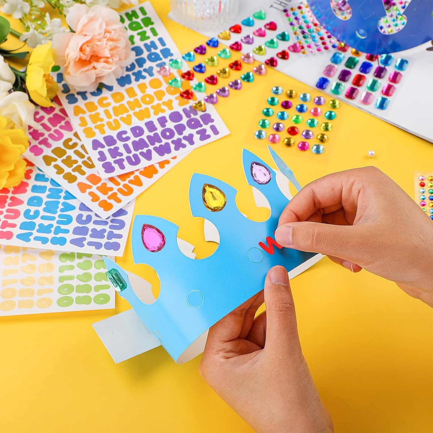 Chinco 38 Pieces Paper Crowns Princess Prince Hats Birthday Party Crowns Craft Jewels Gem Number Letter Sticker for DIY Classroom Decor