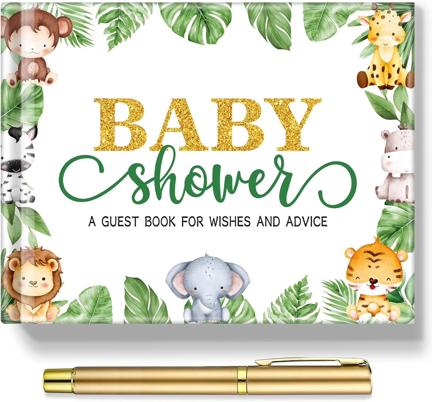 Fuyoooo 27 Pcs Safari Animal Baby Shower Guest Book Set Baby Shower Sign in Guest Floral Book Place Table Cards with Gold Pen Adhesive Photo Corner for Birthday Party