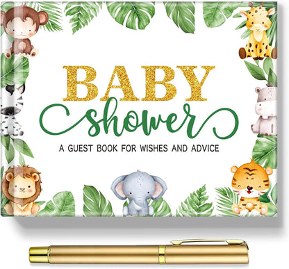 Fuyoooo 27 Pcs Safari Animal Baby Shower Guest Book Set Baby Shower Sign in Guest Floral Book Place Table Cards with Gold Pen Adhesive Photo Corner for Birthday Party