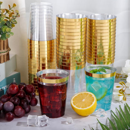 supernal 100pcs Gold Plastic Cups 12 oz, Glitter Clear Disposable Cups Heavy Duty, Fancy Plastic Cocktail Tumblers for Wedding, Parties Champagne & Mixed Drinks
