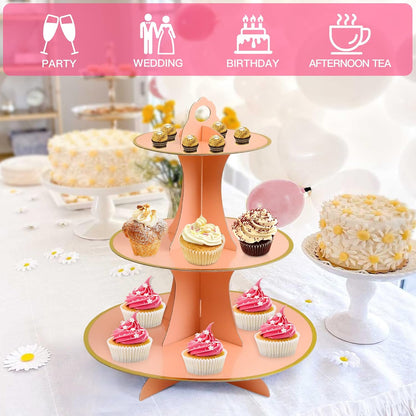 Soleebee 3-Tier Round Cupcake Stand, Cardboard Cupcake Tower, Dessert Cup Cake Stand Tower for Birthday Wedding Party Decoration, Cupcake Tier Stand 1 Set (Hot Pink)