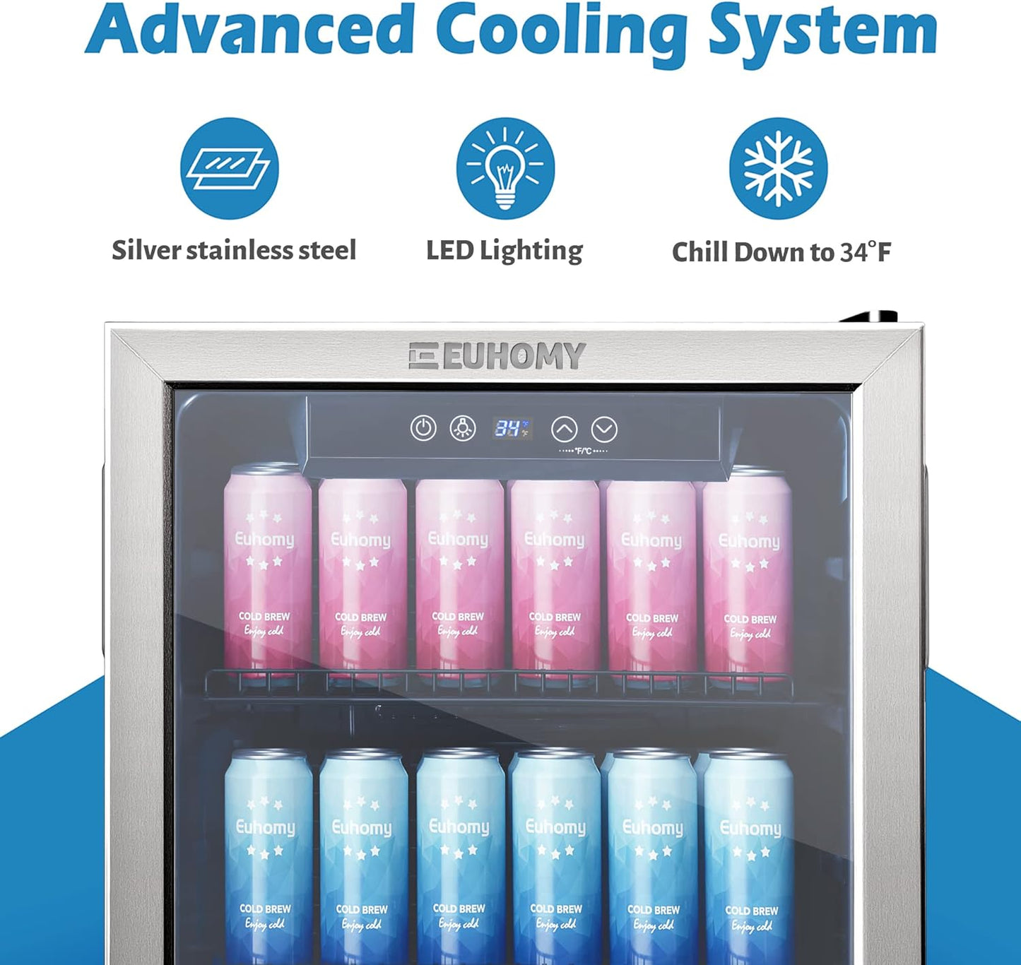 EUHOMY 4.5 Cu.ft Beverage Refrigerator and Cooler, 145 Can Mini fridge with Glass Door for Soda Beer Wine, Small Drink Dispenser with Digital Adjustable Thermostat for Home Office Bar