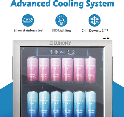 EUHOMY 4.5 Cu.ft Beverage Refrigerator and Cooler, 145 Can Mini fridge with Glass Door for Soda Beer Wine, Small Drink Dispenser with Digital Adjustable Thermostat for Home Office Bar