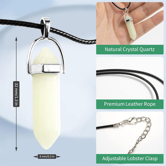 TXIN Glow in the Dark Crystal Pendant Necklace, Luminous Hexagonal Moonstone, Fluorescent Stone, Glowing Gemstone Quartz With Black Leather Chain for Women Men