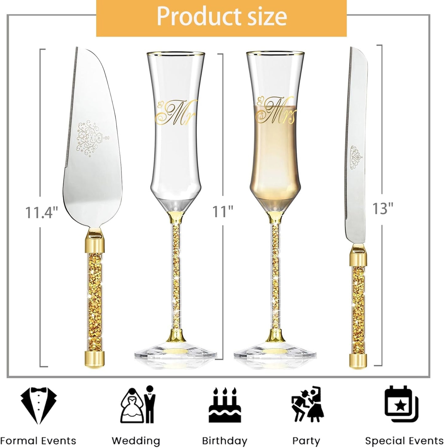 Wedding Cake Knife and Server Set, Wedding Cake Cutting Set with Mr and Champagne Flutes Glasses for Bride and Groom Gifts for Couples