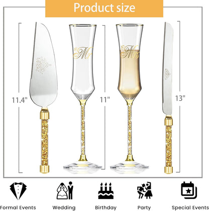 Wedding Cake Knife and Server Set, Wedding Cake Cutting Set with Mr and Champagne Flutes Glasses for Bride and Groom Gifts for Couples