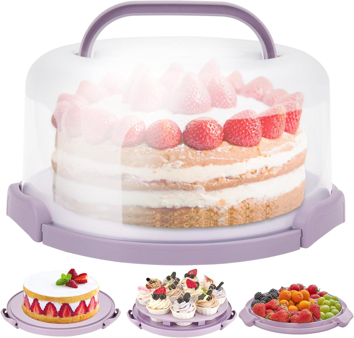 Cake Carrier with Lid and Handle, Ohuhu BPA-Free Cake Containers Cake Holder for 10 inch Cake with 2 Handle Cupcake Carrier - Plastic Cover Two Sided Base for Transport Pie Nut Fruit Mothers Day Gifts