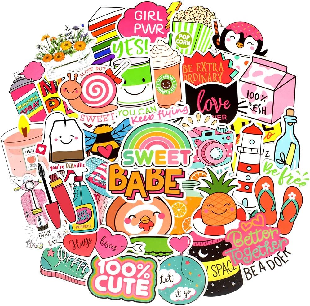 QTL Neon Stickers for Teens & Students Prizes, Waterproof Vinyl Party Favor Stickers, School Rewards, Water Bottle and Laptop, 50PCS - Colors B