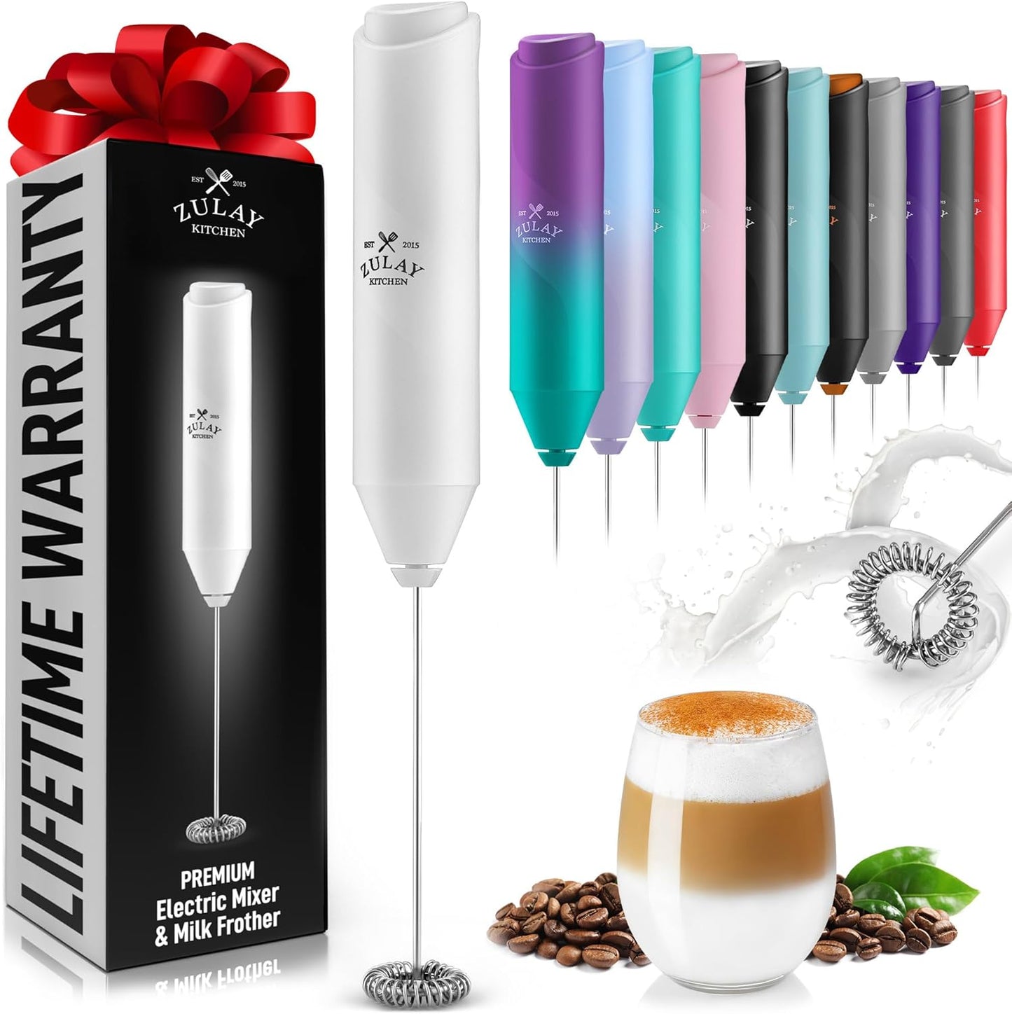 Zulay Kitchen Powerful Milk Frother AA Batteries Included – Ultra Fast Handheld Drink Mixer with Stainless Steel Whisk Stirrer for Coffee, Protein, Matcha & More, Frother Wand Electric Frothmate Black - Colors E
