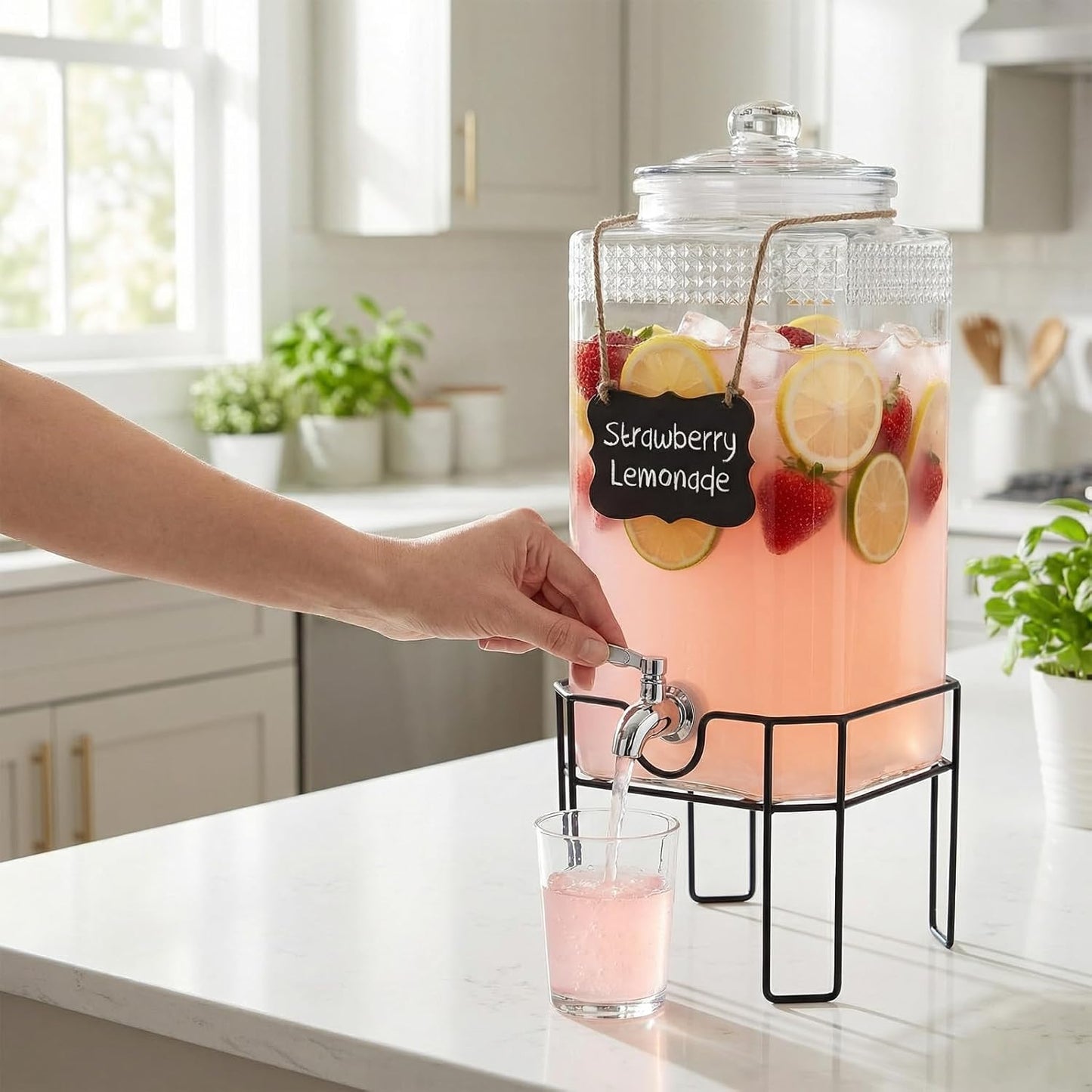 2 Gallon Glass Drink Dispenser, Drink Dispensers for Parties, Beverage Dispenser with Stand and Glass Lid, 100% Leakproof Spigot, Ideal for Lemonade, Juice, Laundry Detergent Dispenser