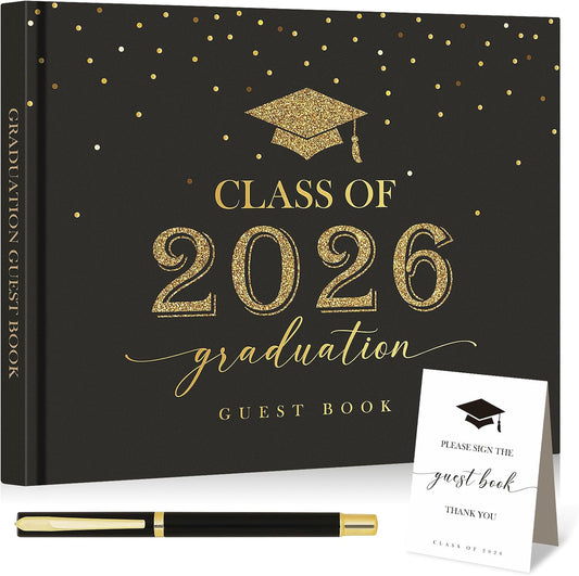 Lanpn Graduation Guest Book Class of 2026 with Table Sign & Pen, Graduation Guest Sign in Books, Graduates Signature Book, Keepsake Memory Books for College High School Grad Party, Black Hardcover