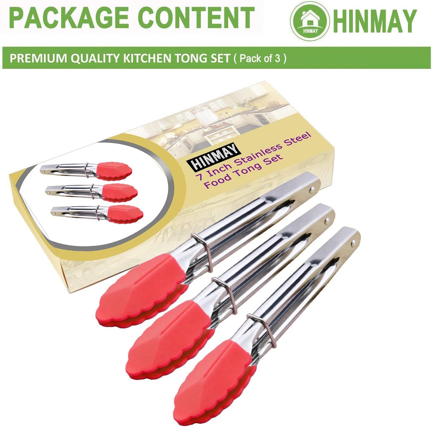 HINMAY Small Tongs with Silicone Tips 7-Inch Mini Serving Tongs, Set of 6 (Green Red Blue Purple Pink Orange)