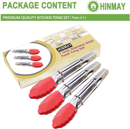 HINMAY Small Tongs with Silicone Tips 7-Inch Mini Serving Tongs, Set of 6 (Green Red Blue Purple Pink Orange)