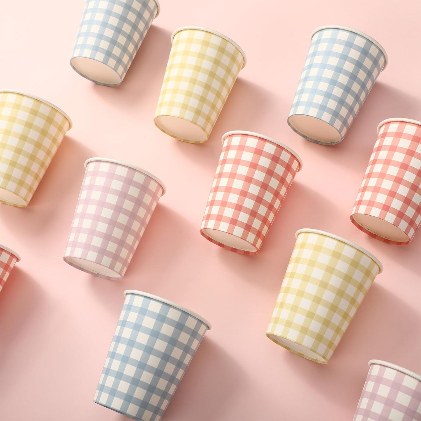 Tioncy 100 Pieces 9 oz Gingham Disposable Paper Cups Drinking Paper Cups Coffee Checkered Birthday Cup Gingham Hot Cold Beverage Drinking Cup for Holiday Picnic Travel Birthday Party, 4 Colors | Gingham, Checkered Cups, Birthday Party, Travel, Picnic