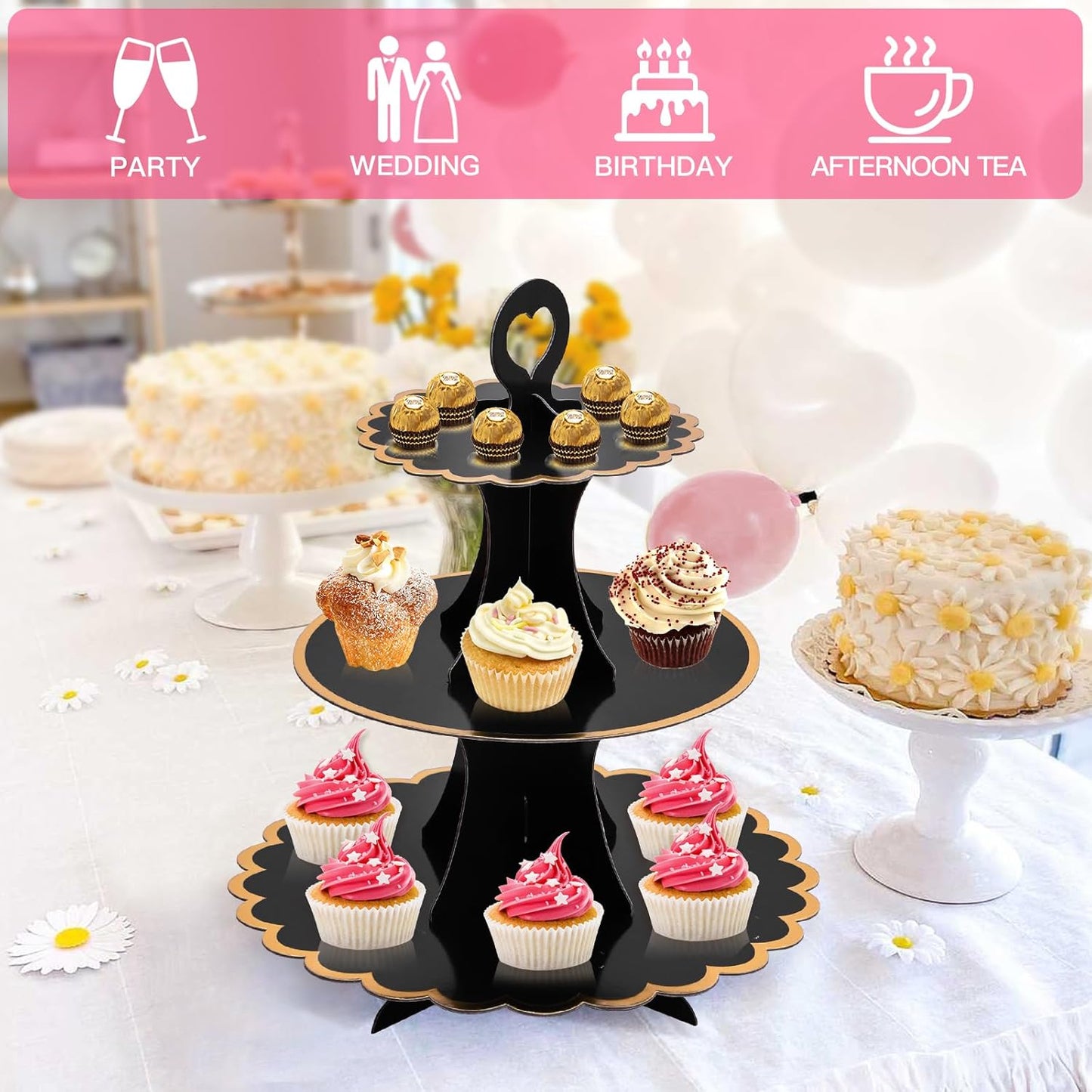 Soleebee 3-Tier Cupcake Stand, Cardboard Cupcake Tower, Cup Cake Stand Tower for Birthday Wedding Party Decoration, Cupcake Tier Stand Desserts Display 1 Set (Purple Gold)