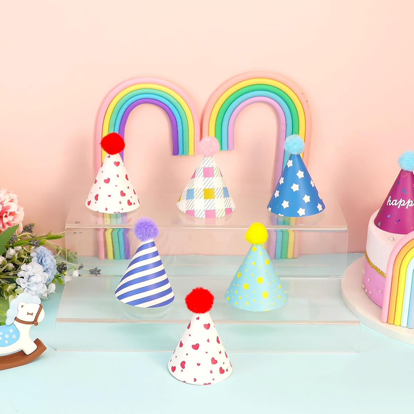 12 Pack Mini Party Hats for Stuffed Animals, Mini Hats with Pom Poms Dog Birthday Party Hats for Dolls Dog Cat Pet Birthday Decoration
