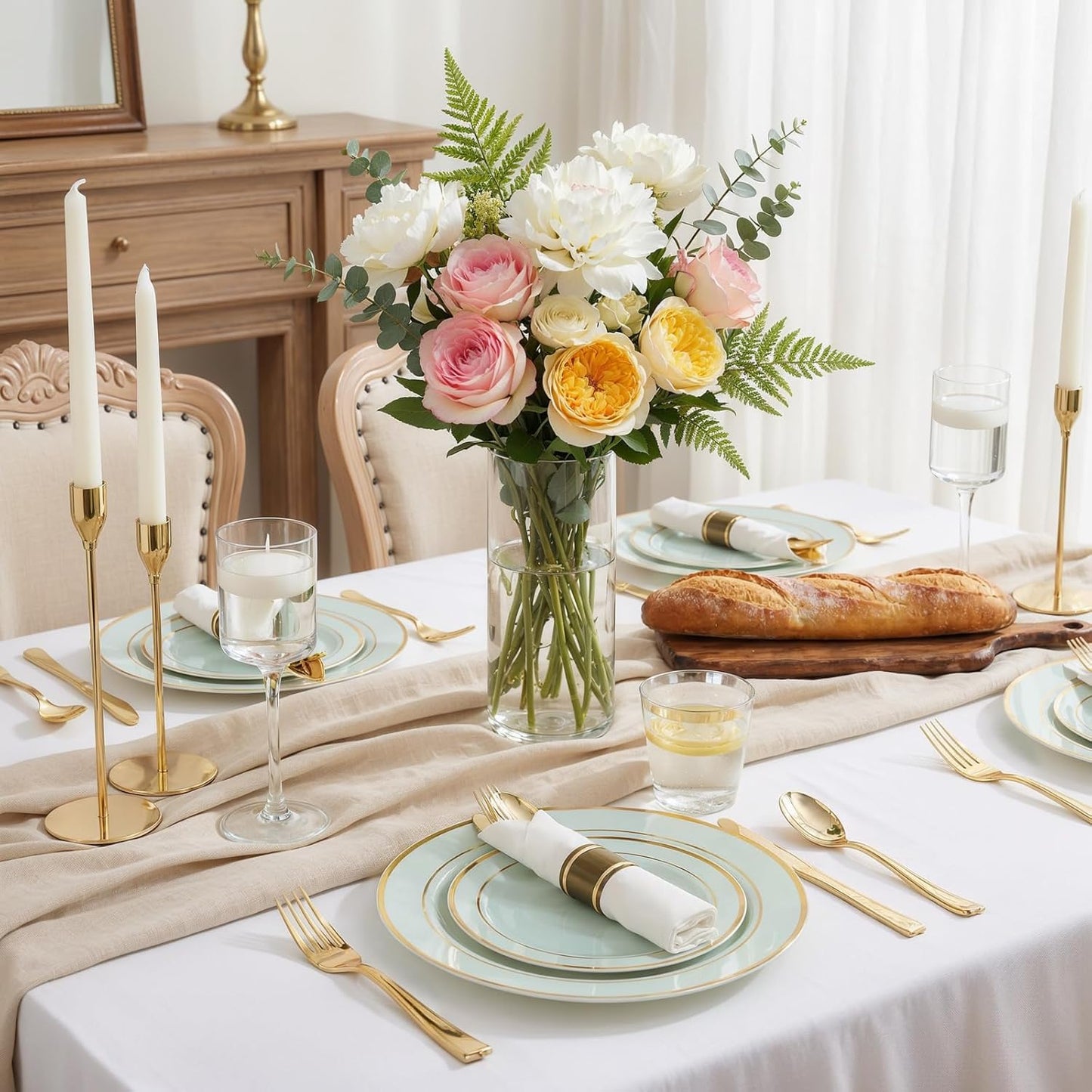 350 Pieces Black and Gold Plastic Plates with Disposable Silverware, Include 50 Dinner Plates 9”, 50 Dessert Plates 6.3”, 50 Black Cups 9 OZ, 50 Pre Rolled Napkins for Wedding Party Graduation
