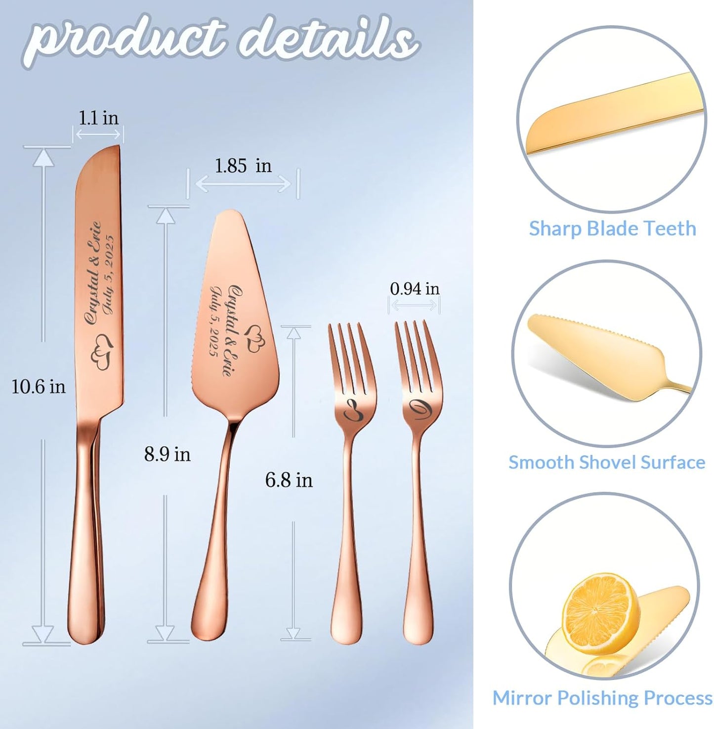 Personalized Wedding Cake Knife and Server Set, Wedding Gold Cake Cutting Set with Stainless Steel Forks, Customized Bridal Anniversary Birthday Wedding Registry Gifts for Couple (Non-customized)