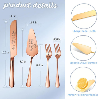 Personalized Wedding Cake Knife and Server Set, Wedding Gold Cake Cutting Set with Stainless Steel Forks, Customized Bridal Anniversary Birthday Wedding Registry Gifts for Couple (Non-customized)