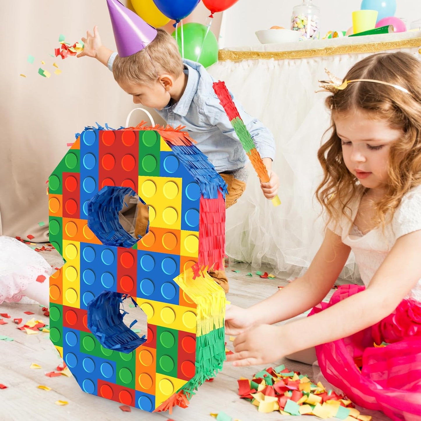 Number 7 Pinata Building Blocks with Pinata Stick Blindfold 7th Birthday Party Decorations Happy Birthday Building Block Theme Anniversary Party Supplies for Kids (Small, 16 x 10.6 x 3 in)