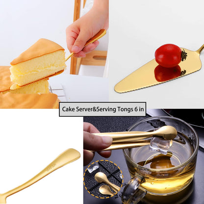 8 PCS Stainless Steel Serving Utensils, Large Serving Spoons Slotted Spoons, Forks, Ice Suger Tongs, Cake Server, Soup Ladle, Metal Utensils Set Great for Buffet Catering Banquet Party, Gold